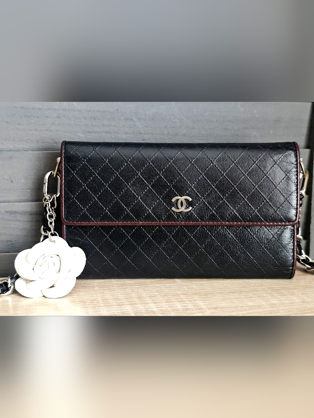 CHANEL Quilted Calfskin Leather  Black Long Wallet On A Chain